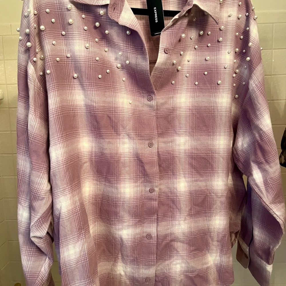 Express Purple Plaid Button-Up Shirt with Pearl Accents